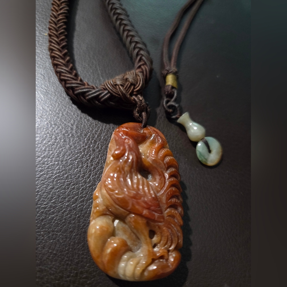 Hand-Carved Brown/Red Jadeite Phoenix Pendant Necklace